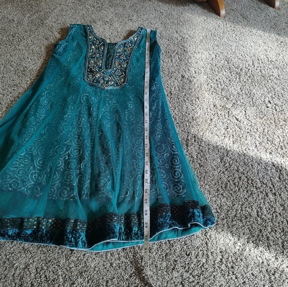 💥3/$20 Darshan Girls Green Beaded Lined Indian Dress Size 30 or Costume!